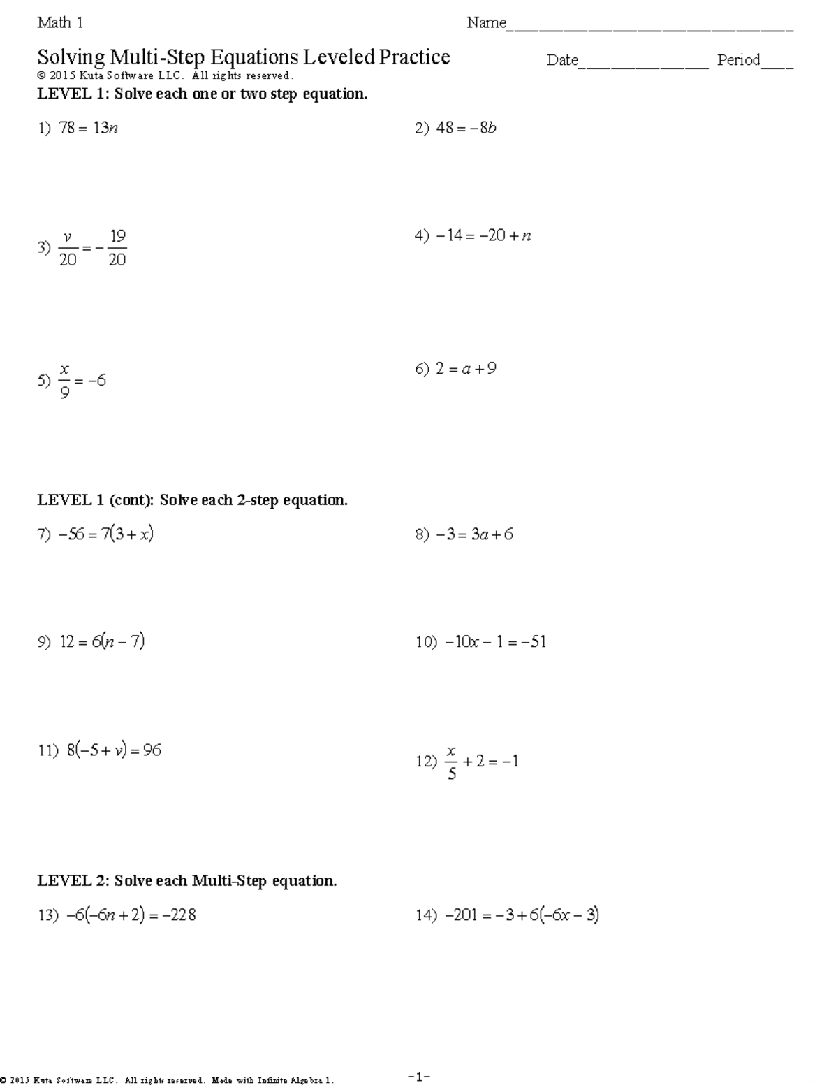 Solving Multi-Step Equations Leveled Practice - ©T H 2 B 0 D 1 J 5 H ...