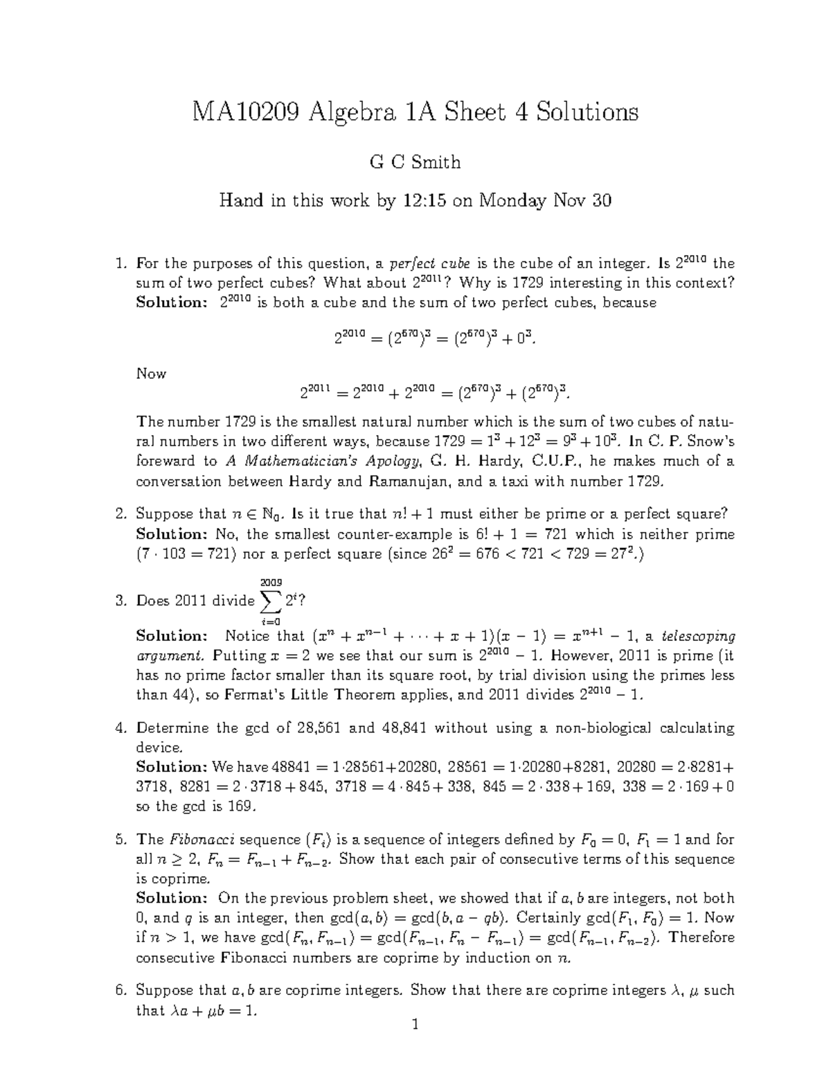 MA10209 2009-2010 Problem Sheet 4 - Solutions - MA10209 Algebra 1A ...