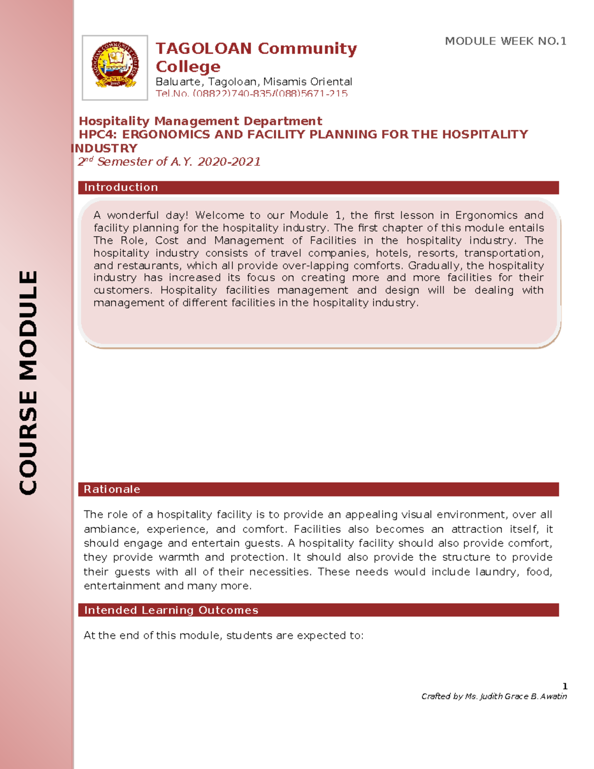HPC4Module 1 - excellent - COURSE MODULE Hospitality Management ...