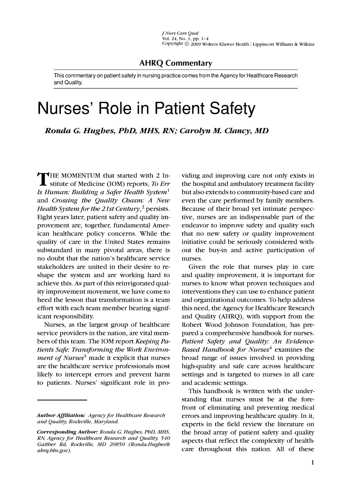 Nurses Role In Patient Safety - J Nurs Care Qual Vol. 24, No. 1, Pp. 1 