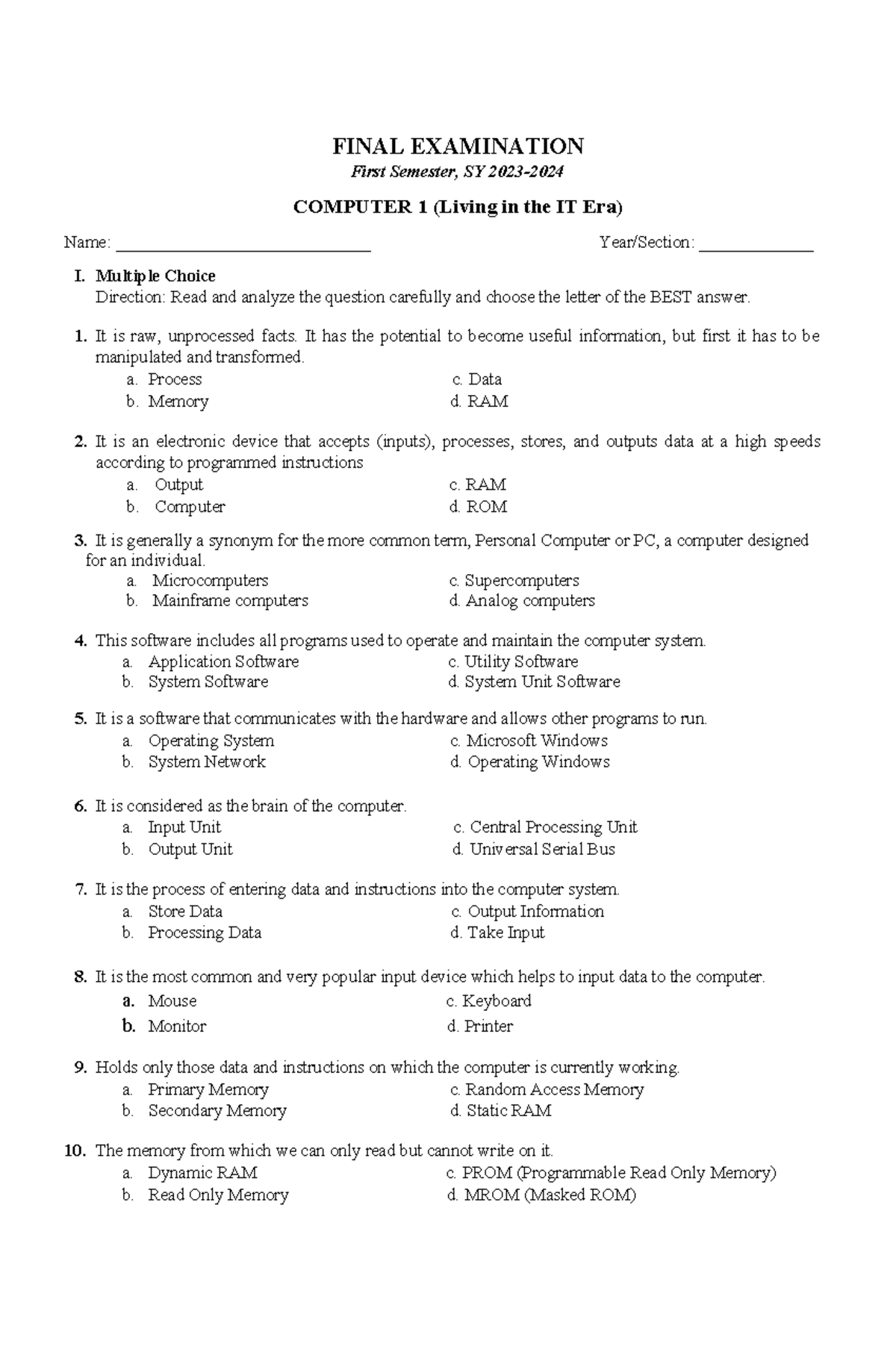 Midterm Examination Comp 11 - FINAL EXAMINATION First Semester, SY 2023 ...