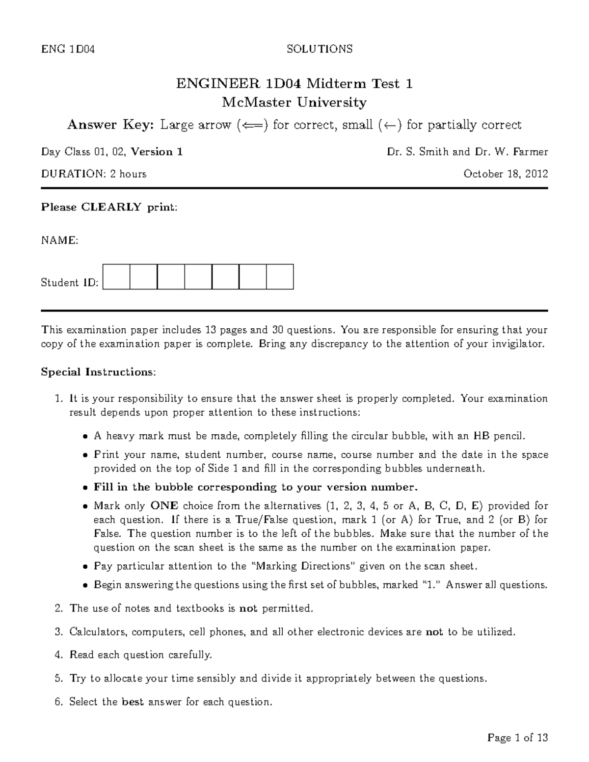 Exam 18 october 2012, questions and answers - ENGINEER 1D04 Midterm ...