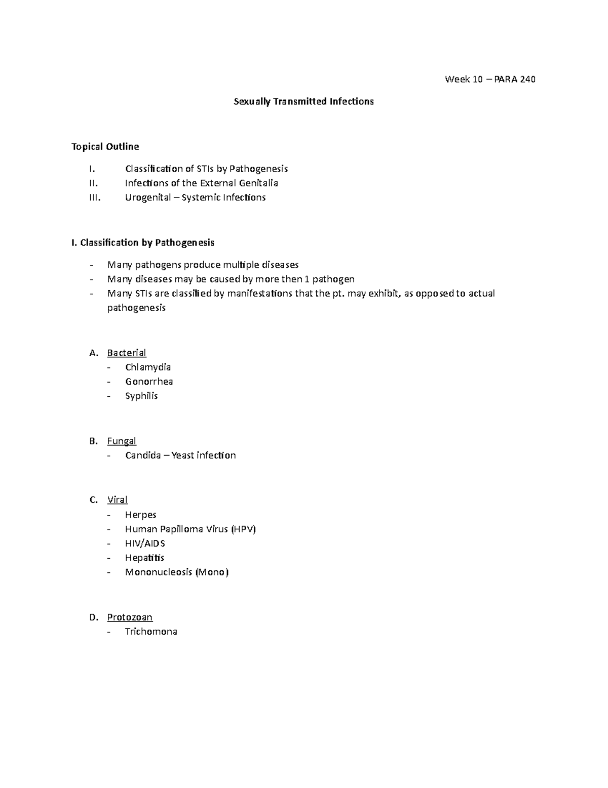 Week 10 - STI notes - Week 10 – PARA 240 Sexually Transmitted ...
