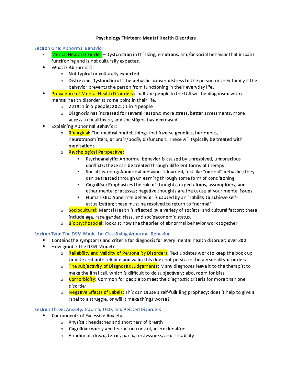 Psych - 13 - These notes cover several mental health disorders and ...
