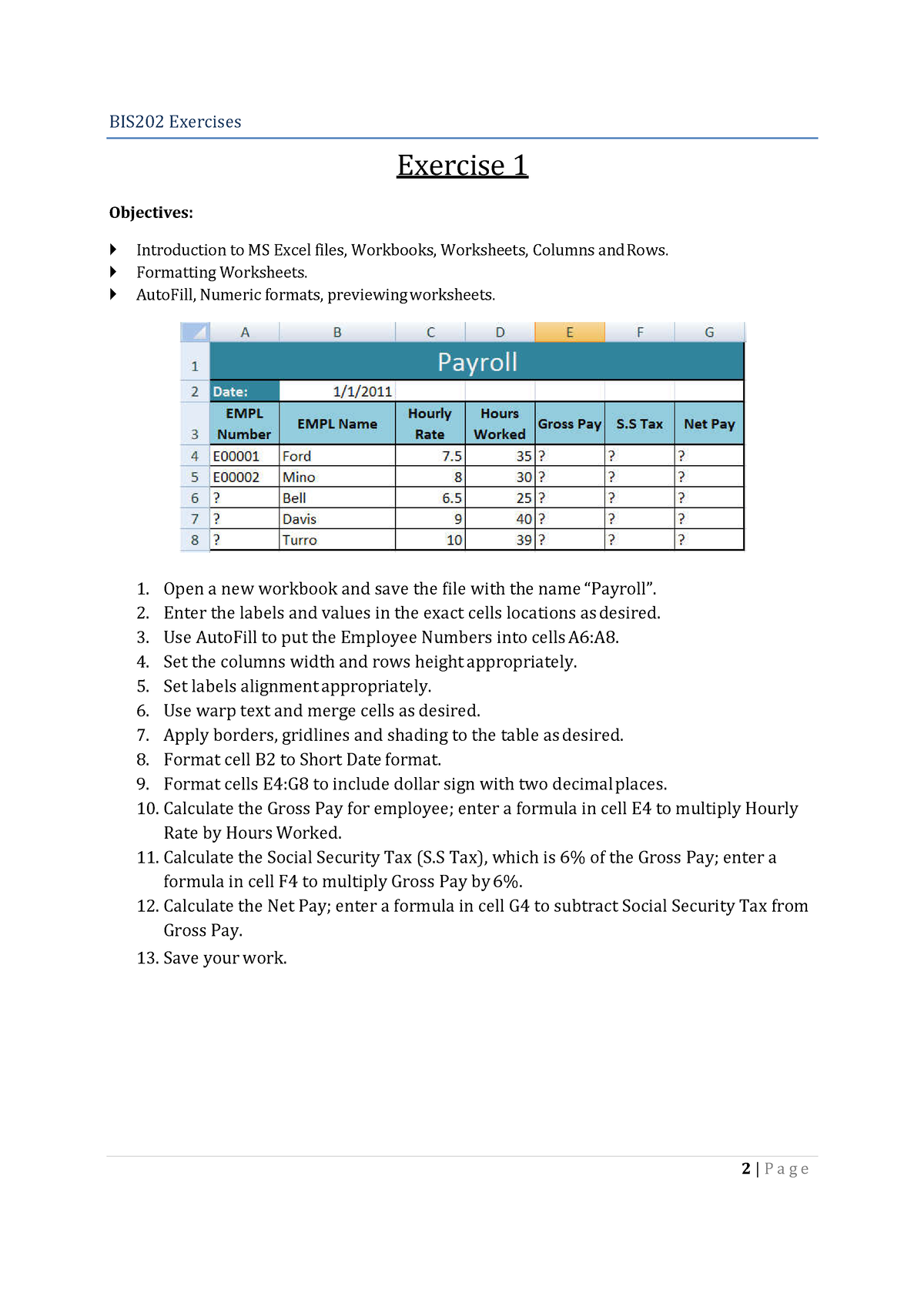 Ms-excel-exercises 1 - Exercise - BIS202 Exercises 2 | P A G E Exercise ...