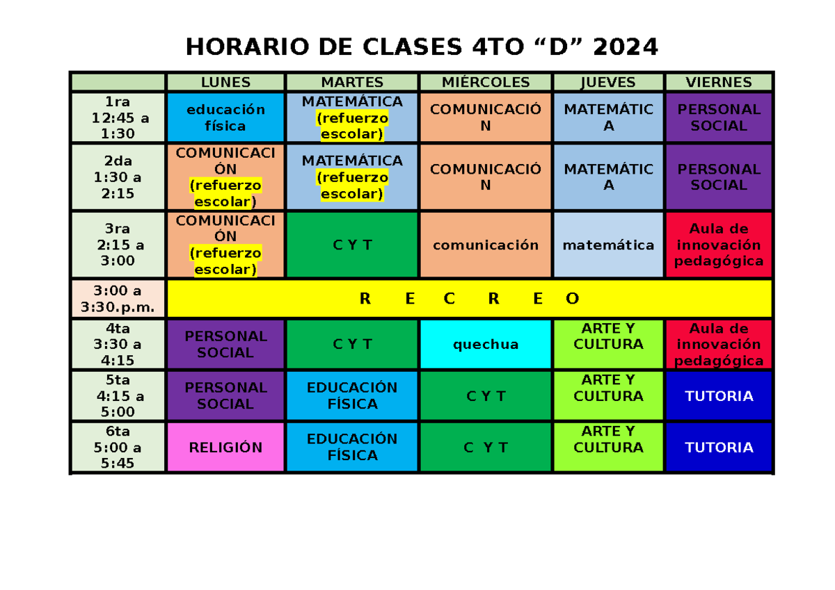 4° D - HORARIO - HORARIO DE CLASES 4TO “D” 2024 LUNES MARTES MIÉRCOLES ...