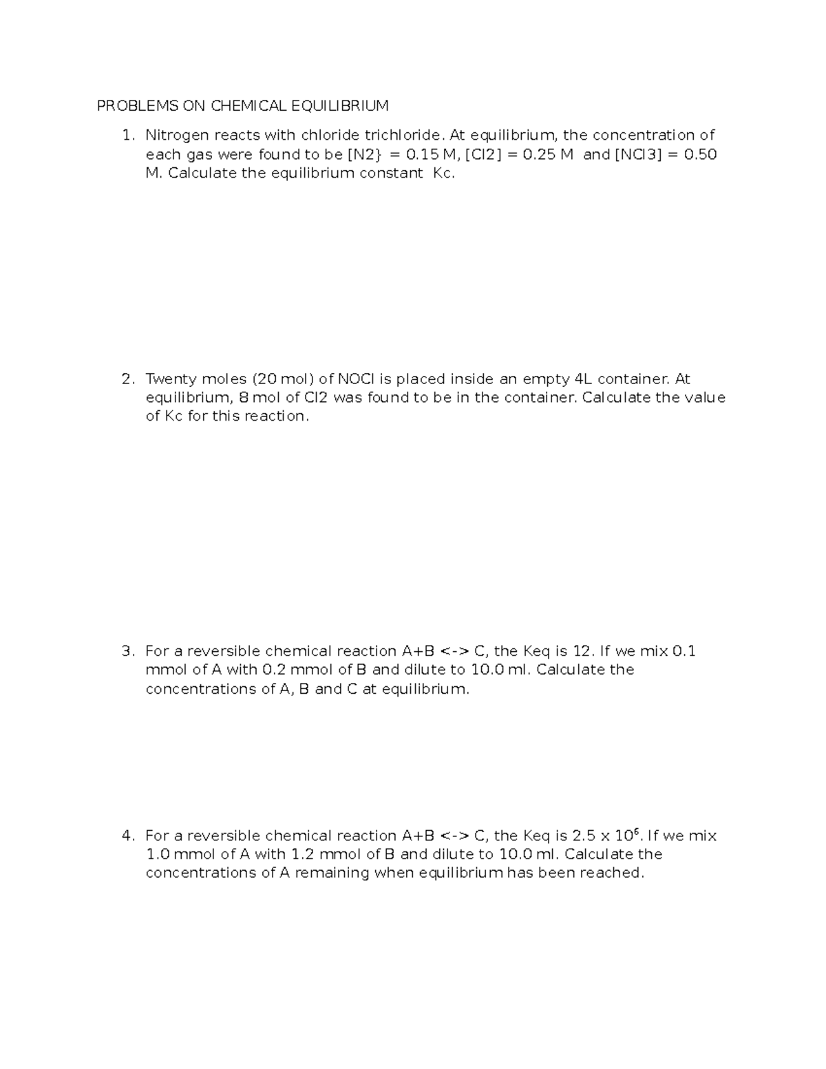 Problems on Chemical Equilibrium - PROBLEMS ON CHEMICAL EQUILIBRIUM ...