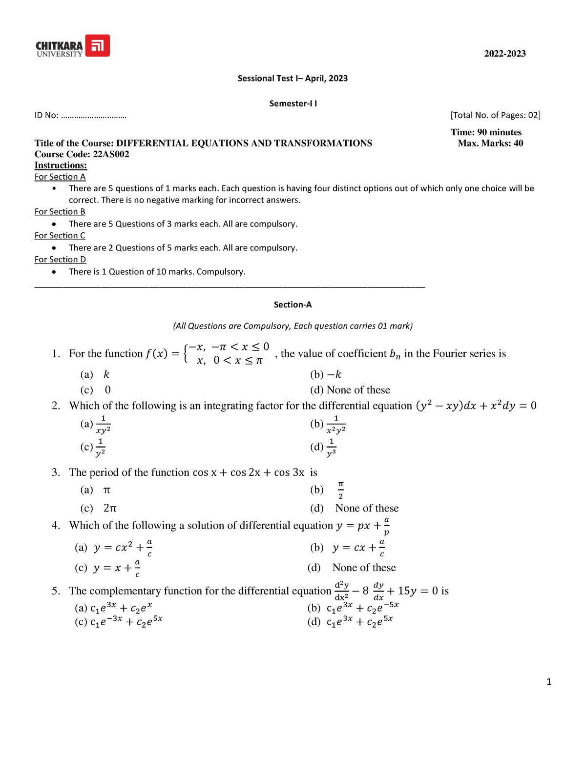 DET ST1 paper Set 1 - Practice questions for discrete mathematics - 1 ...