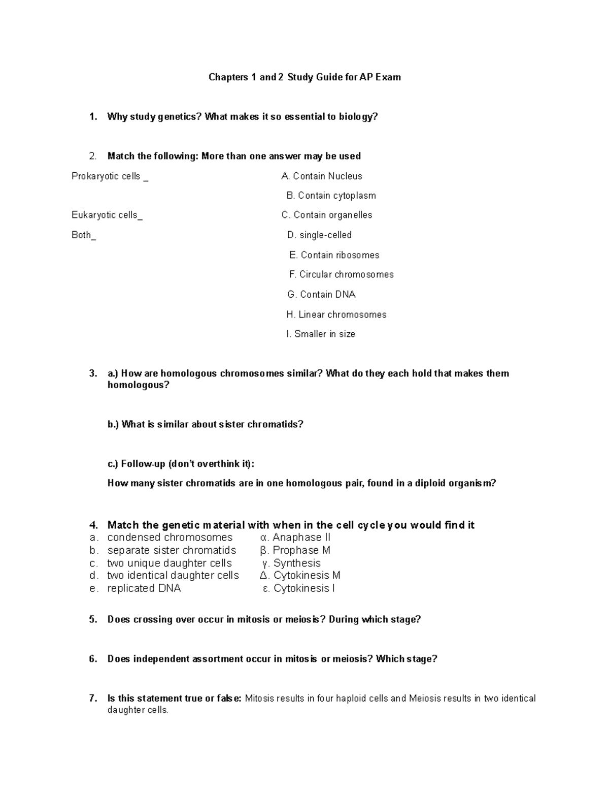 Genetics Chapter 1 and 2 Study Guide - Chapters 1 and 2 Study Guide for ...