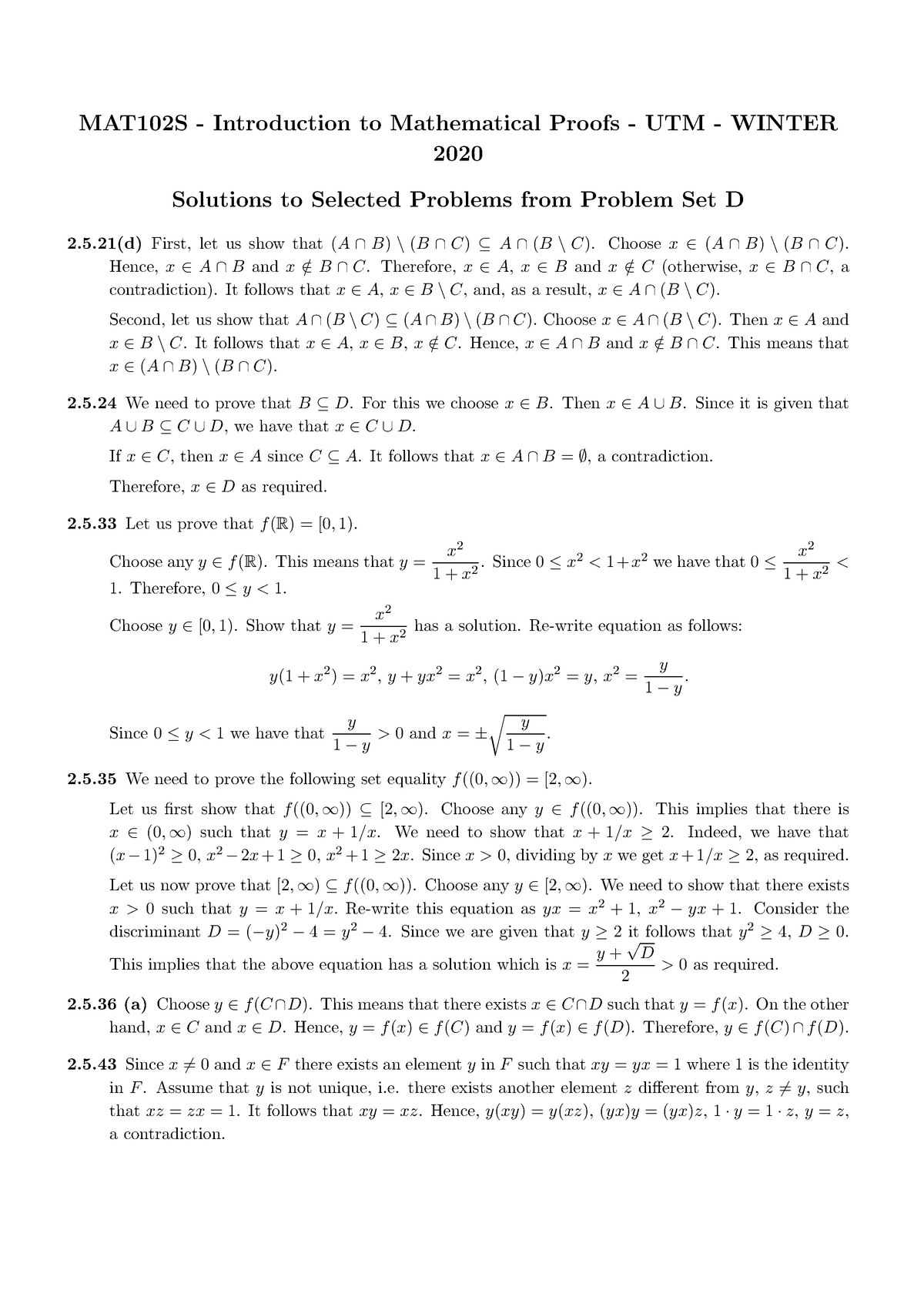 Solutions-PSD - N/A - MAT102S - Introduction To Mathematical Proofs ...