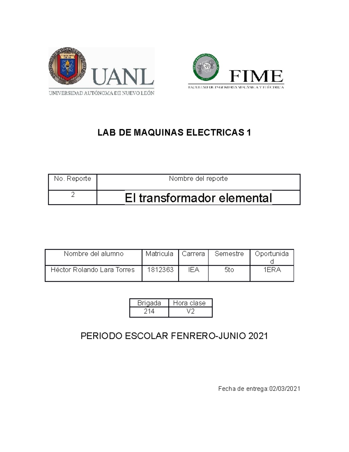 Practica 2 Del Laboratorio De Maquinas Electricas Lab De Maquinas