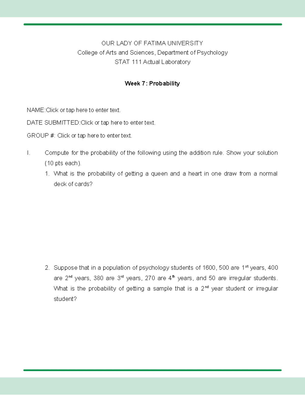 Chapter+7+-+Probability - OUR LADY OF FATIMA UNIVERSITY College of Arts ...