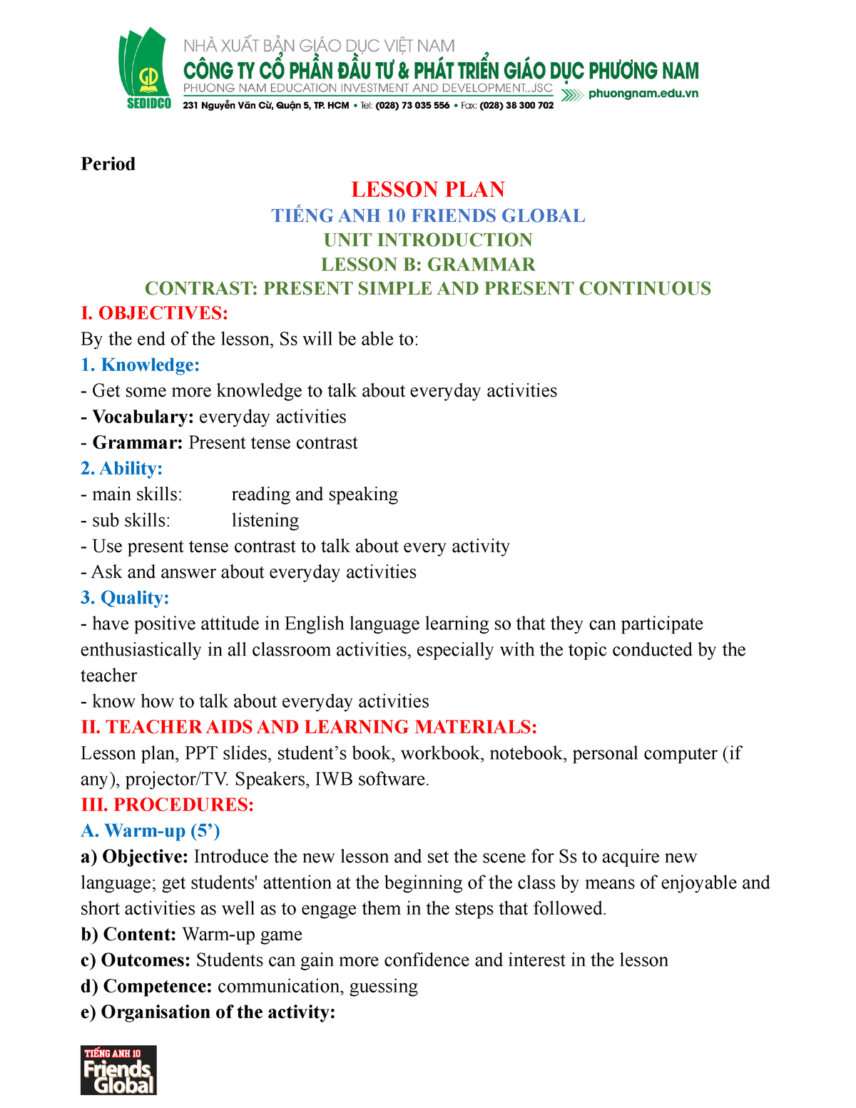 Unit Introduction B Grammar Lesson Plan - Period LESSON PLAN TIẾNG ANH ...