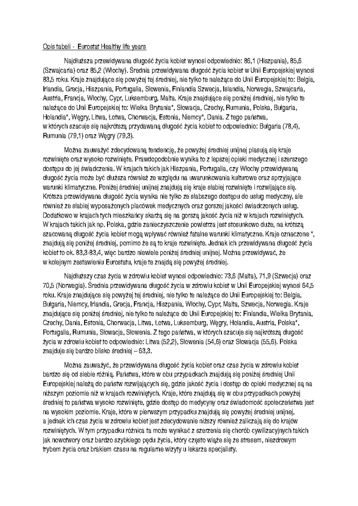Opis tabeli Eurostat Healthy life years Opis tabeli Eurostat