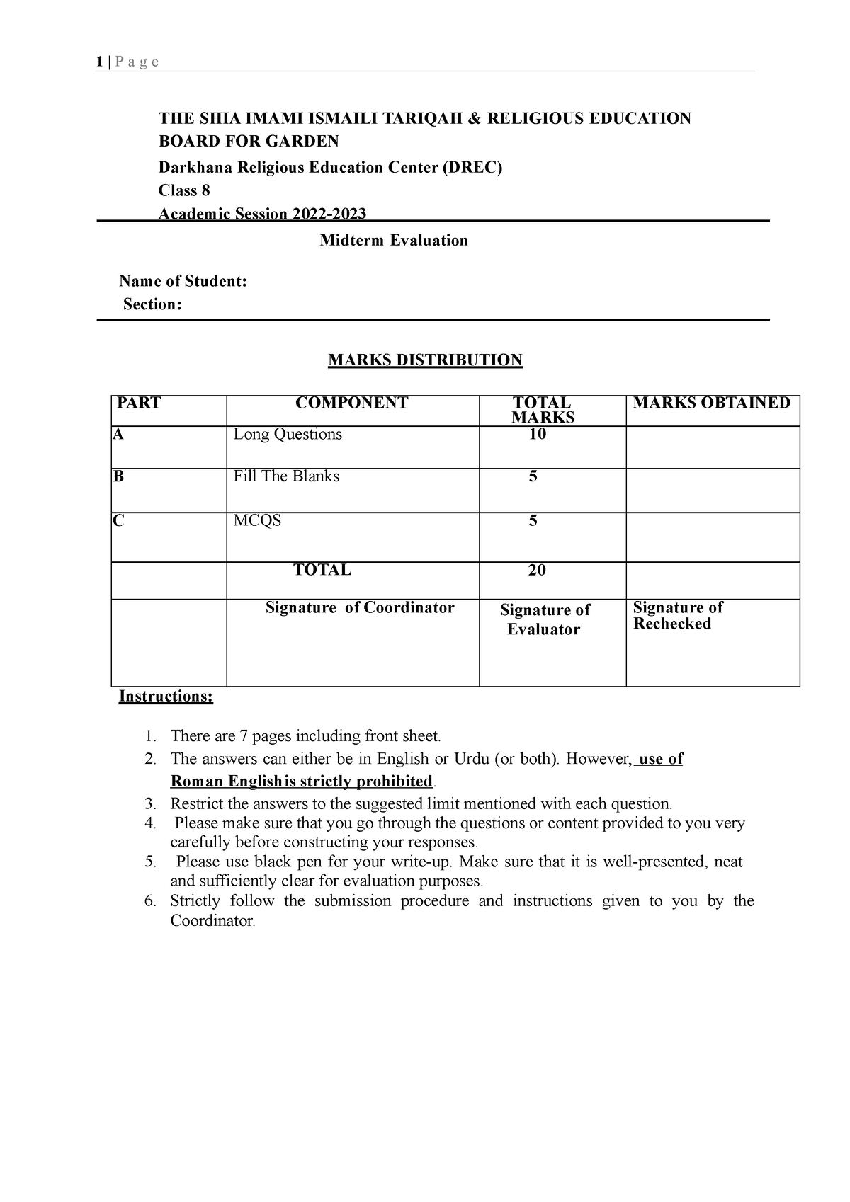 mid-term-examination-class-8-drec-1-p-a-g-e-the-shia-imami-ismaili