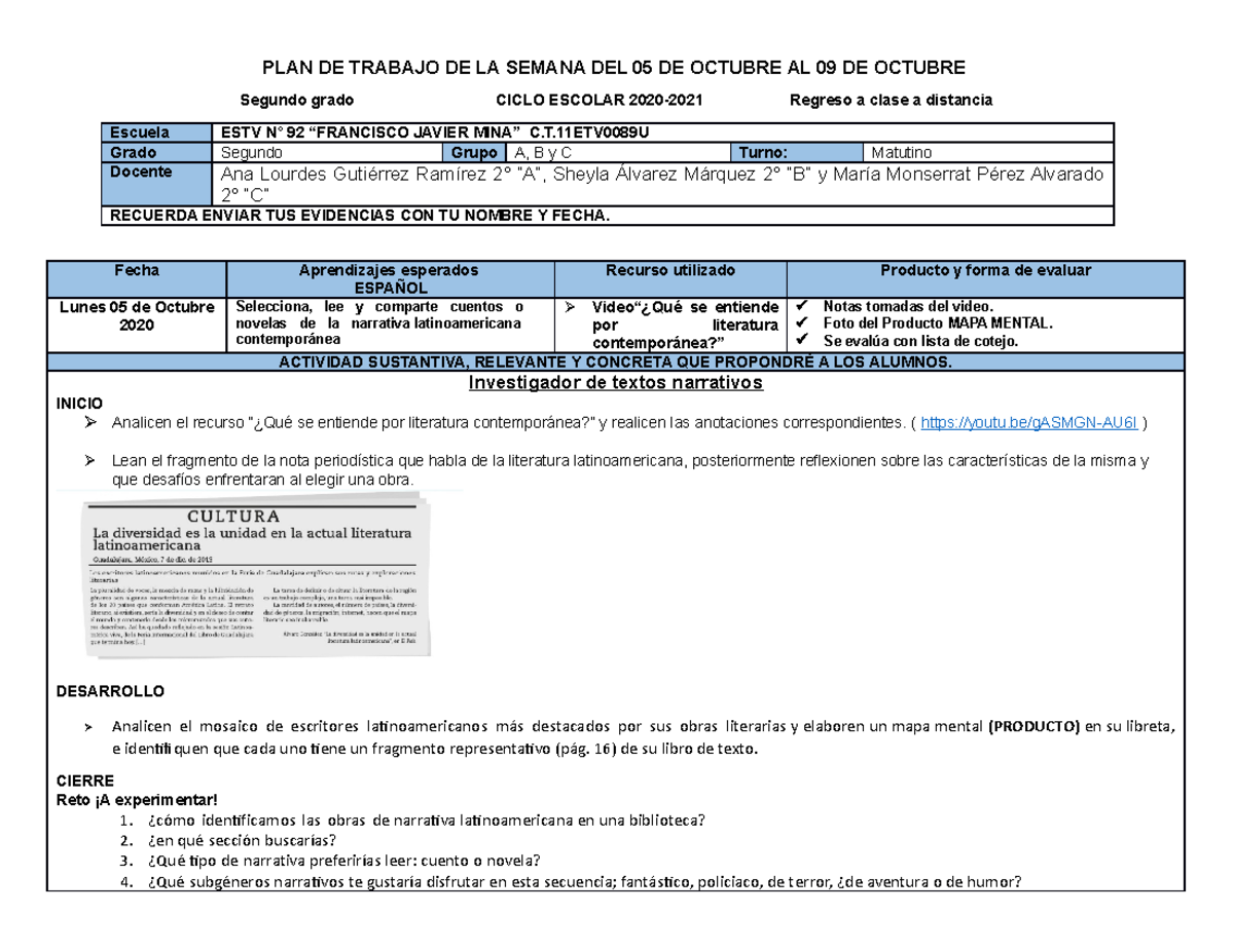 PLAN DE Trabajo DE LA Semana DEL 05 DE Octubre AL 09 DE Octubre - PLAN ...