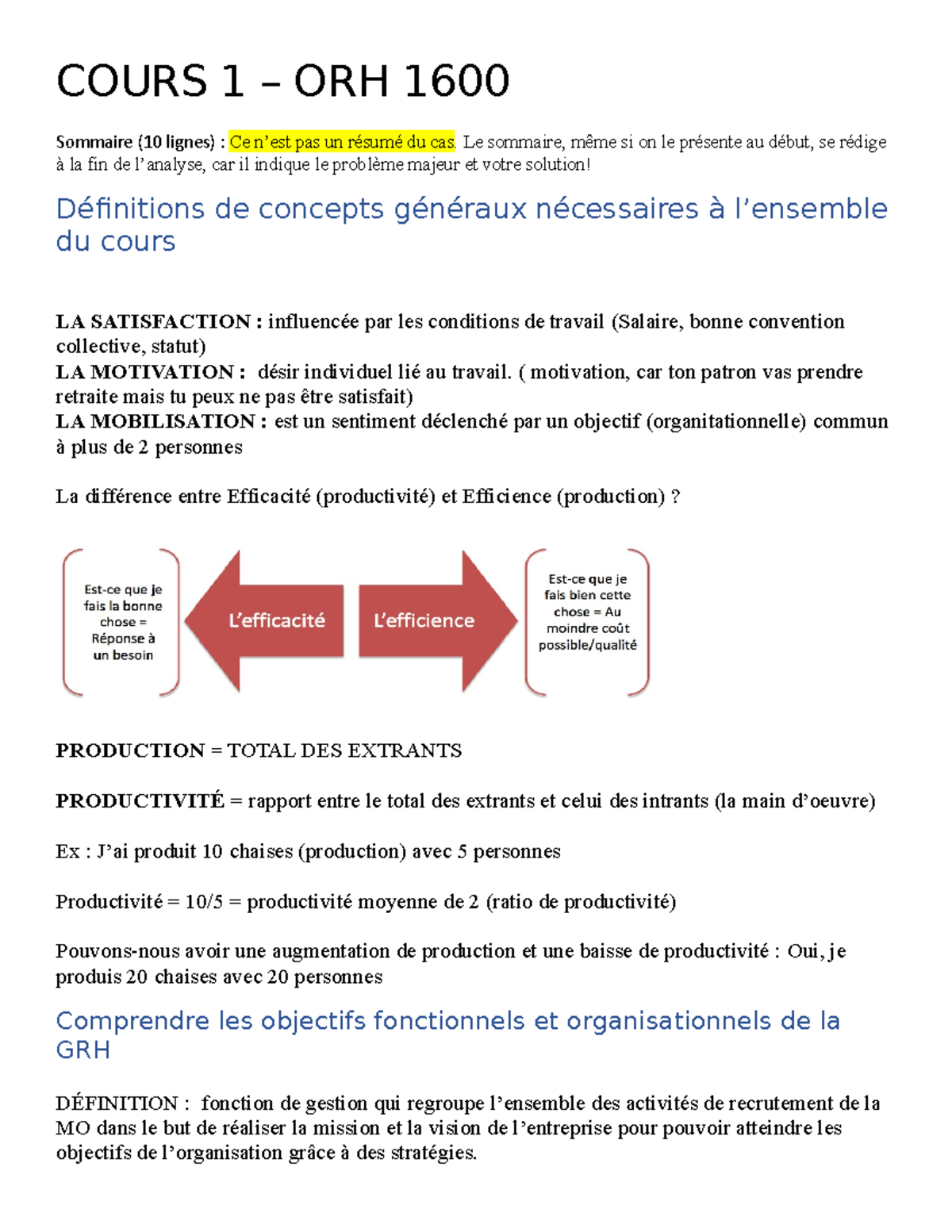 Cours 1 - ORH 1600 - COURS 1 – ORH 1600 Sommaire (10 Lignes) : Ce N’est ...