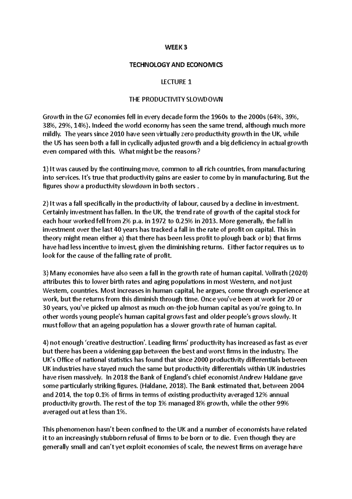Handout week 3 - Lecture notes 3 - WEEK 3 TECHNOLOGY AND ECONOMICS ...