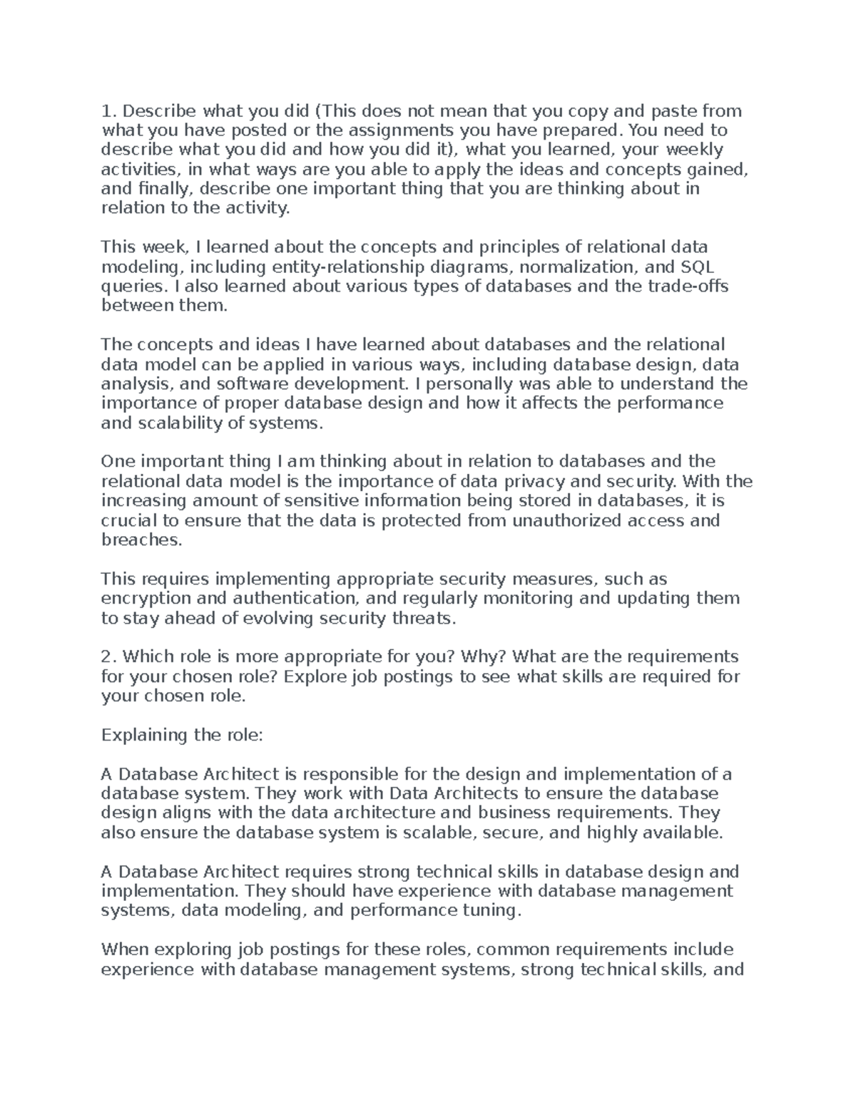 Learning Journal Unit 1 Describe what you did (This does not mean