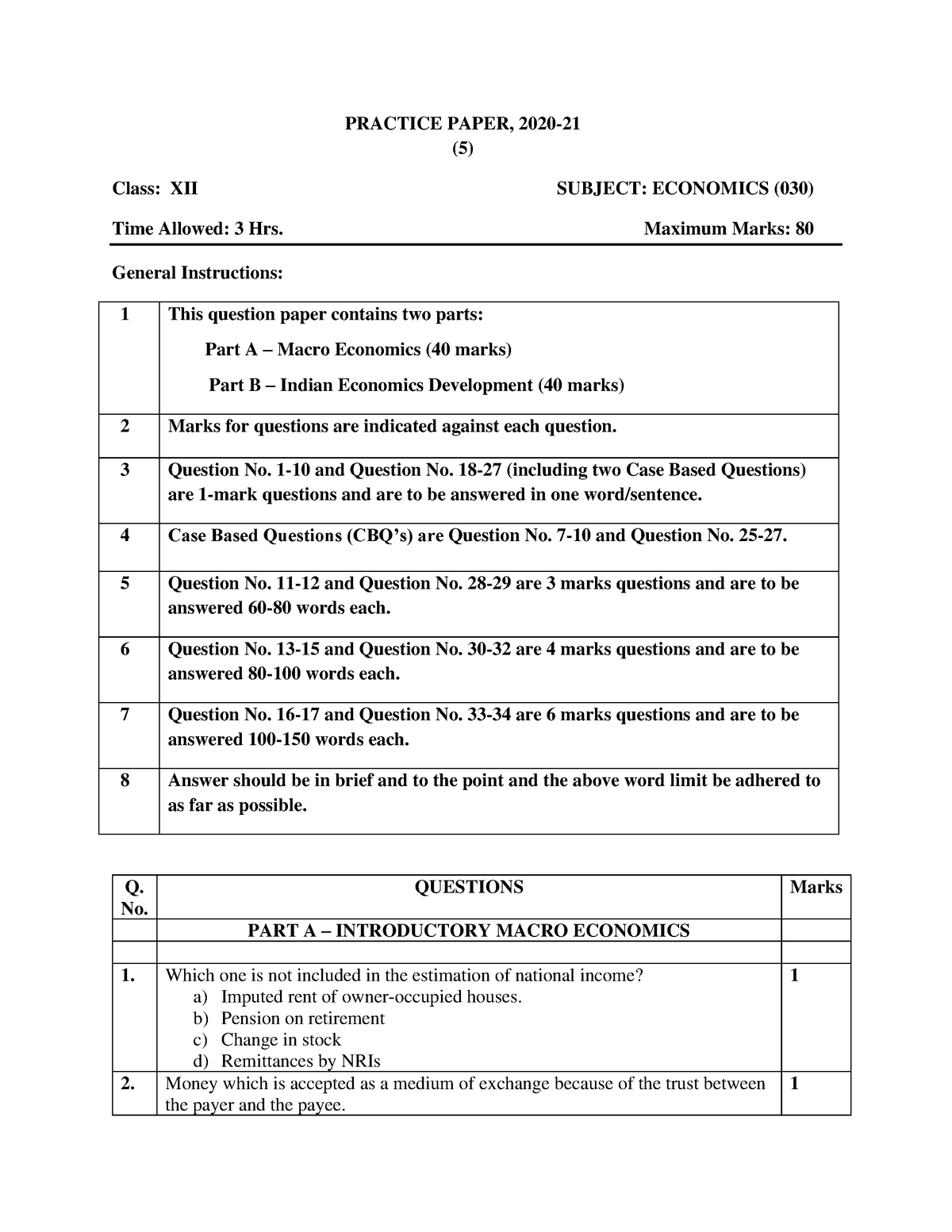 Economics practise paper 1 - PRACTICE PAPER, 2020- 21 (5) Class: XII ...