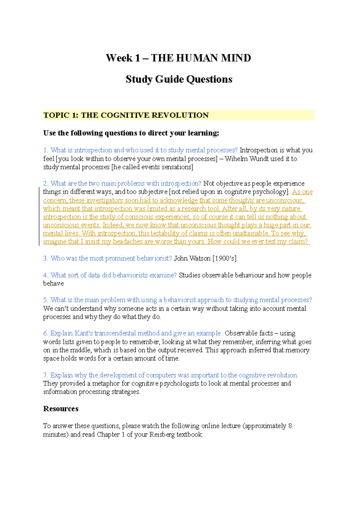 Week 1 Class Work - coplete answers to tutorials - Week 1 – THE HUMAN ...