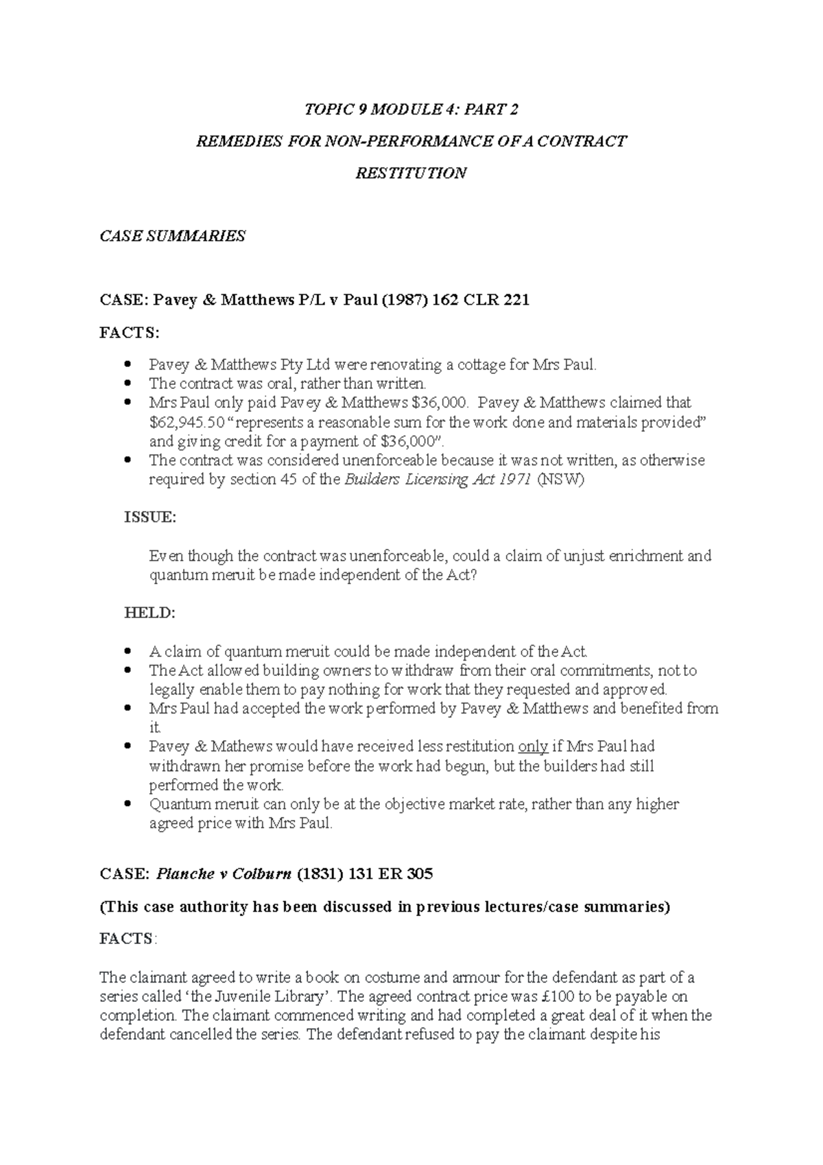 Contract B Topic 9 PART 2 - Overview CASE Summaries ( Restitution ...