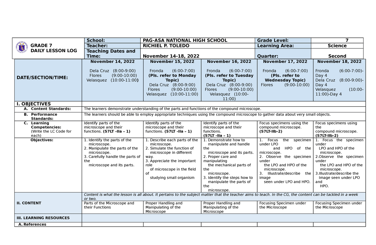 DLL2nd Quarter Week 1 - GRADE 7 DAILY LESSON LOG School: PAG-ASA ...