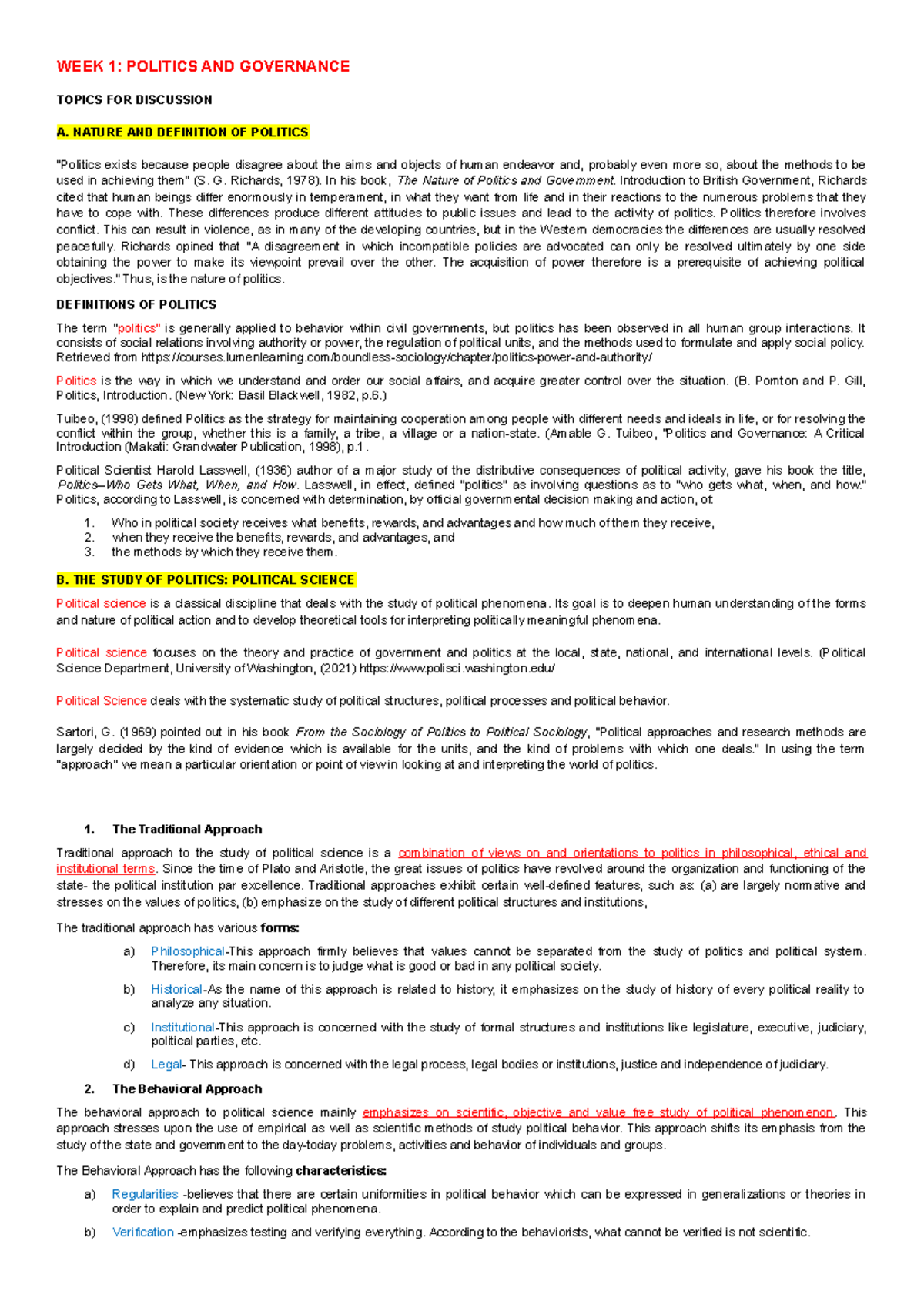 PPGC Notes - lecture from week 1 and week 7 - WEEK 1: POLITICS AND ...