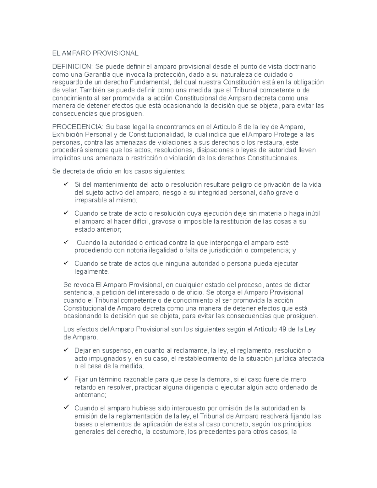 EL Amparo Provisional Deficion y desarrollo del procedimiento EL