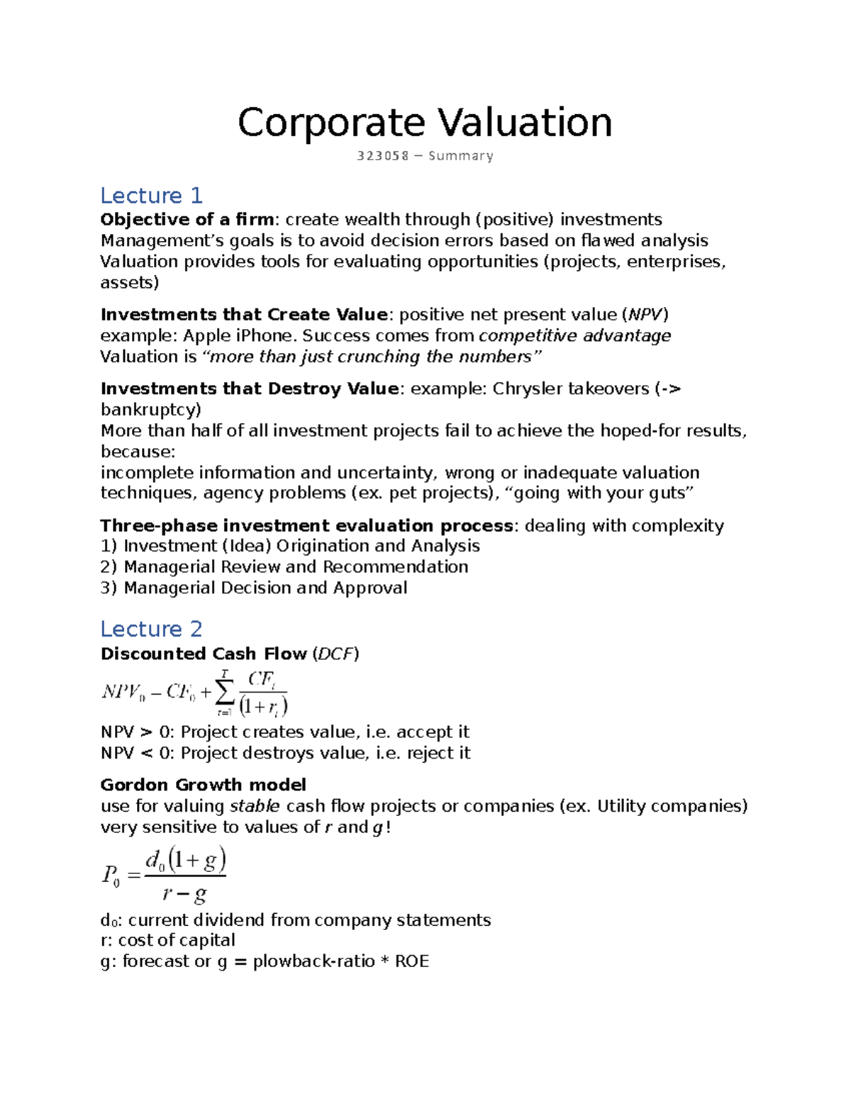 summary-lectures-1-12-corporate-valuation-323058-summary-lecture-1-objective-of-a-firm