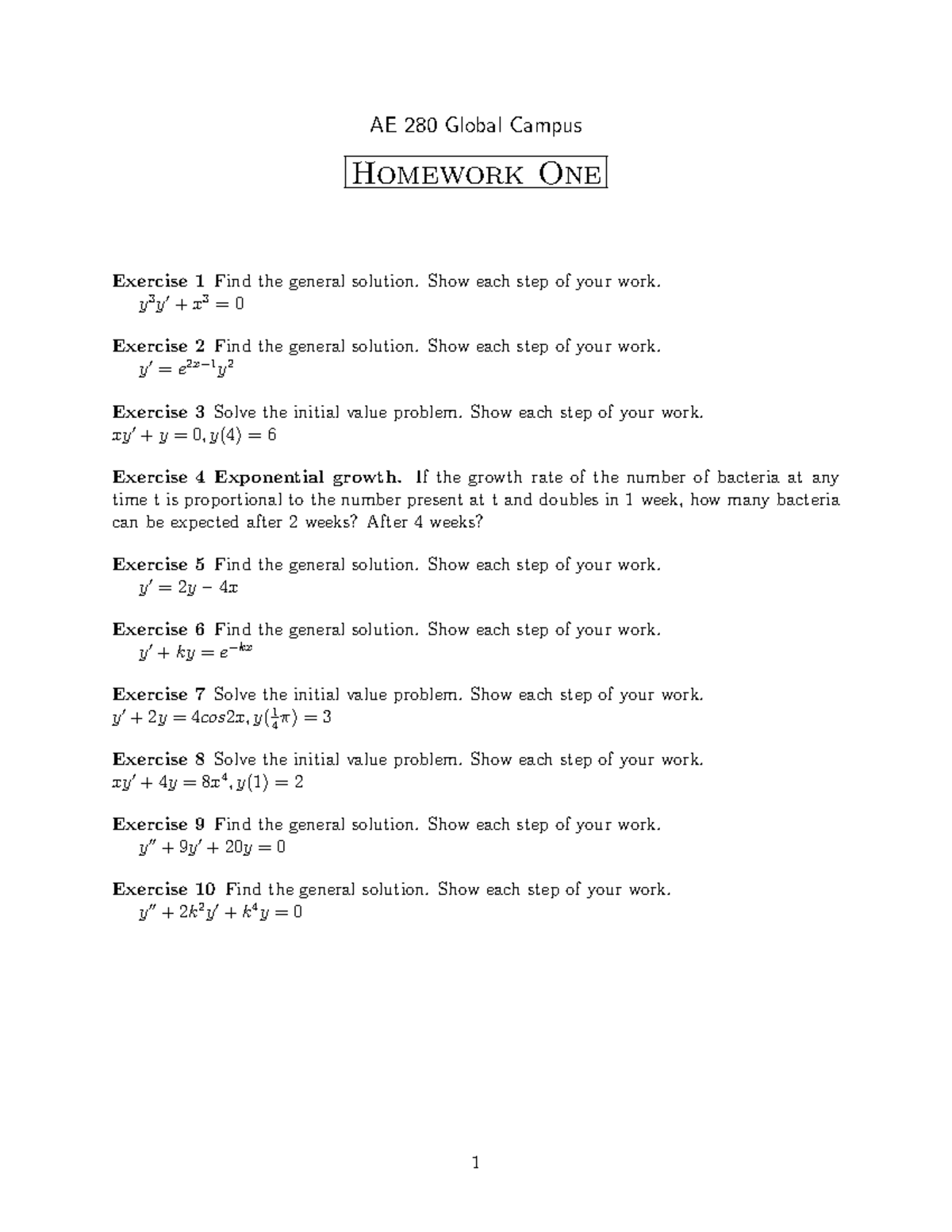 Hw1 - AE 280 Global Campus Homework One Exercise 1 Find the general ...