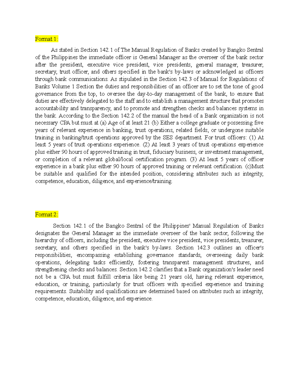 BSP manual - Format 1: As stated in Section 142 of The Manual ...