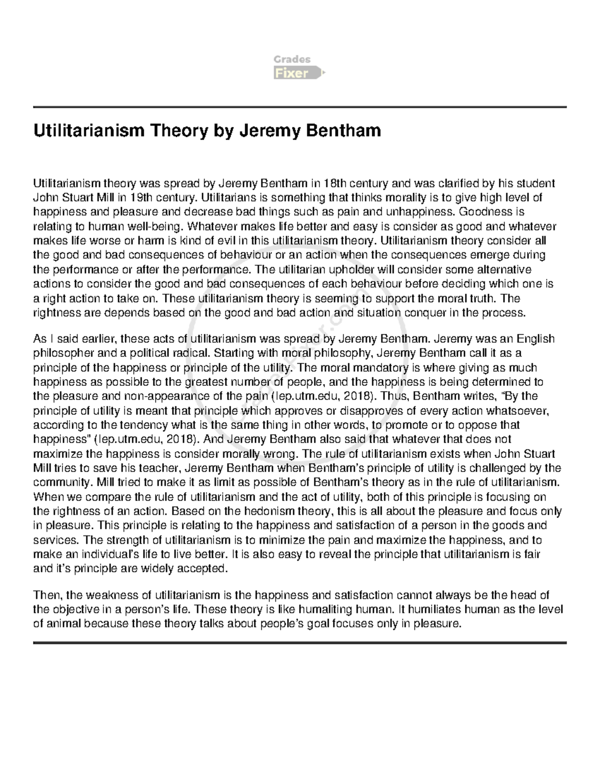 jeremy bentham utilitarianism essay