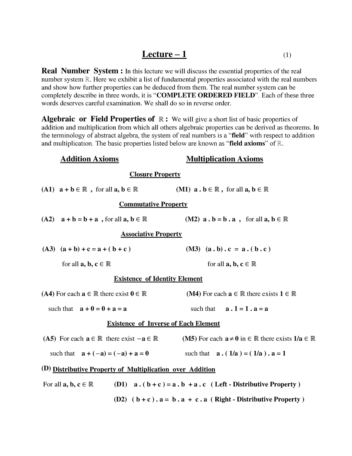 Lecture- 1 Real Analysis IBA - Lecture – 1 (1) Real Number System : In ...