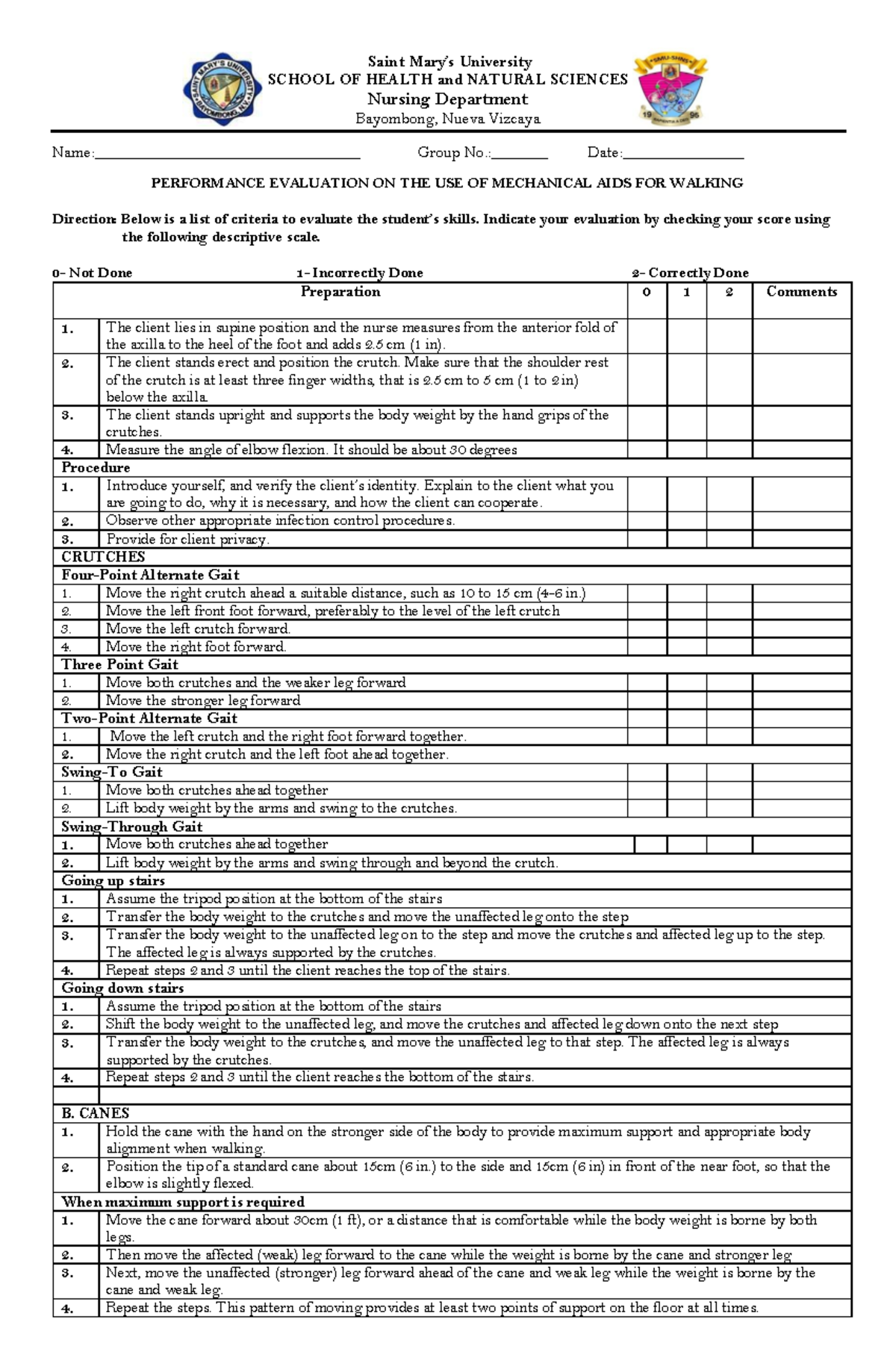 Mechanical AIDS FOR Walking Checklist - Saint Mary’s University SCHOOL ...