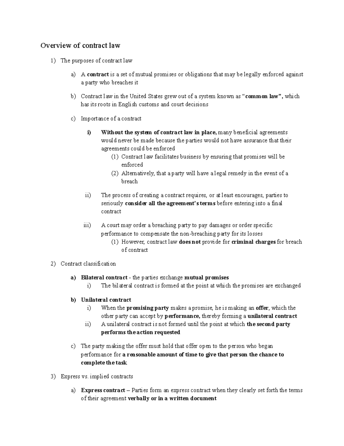 Business law final review guide - Overview of contract law The purposes ...