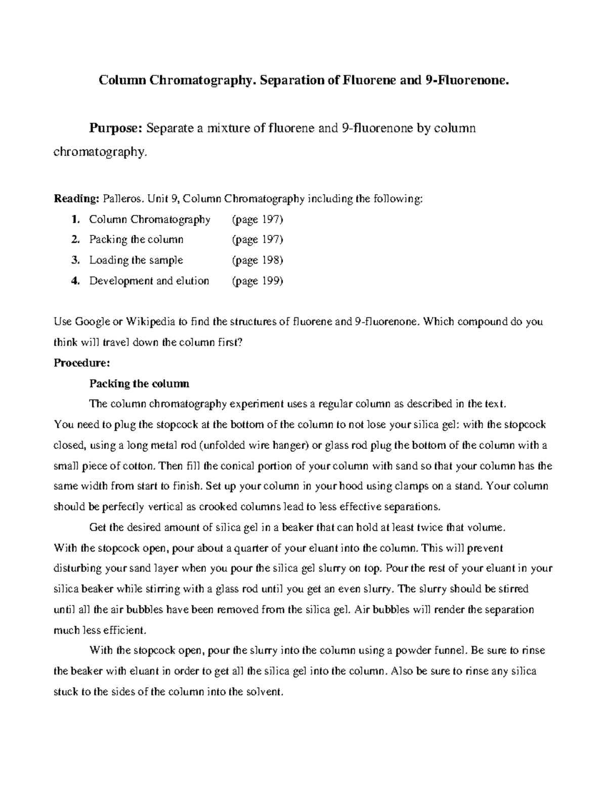 Column large lab report Column Chromatography. Separation of Fluorene and 9Fluorenone