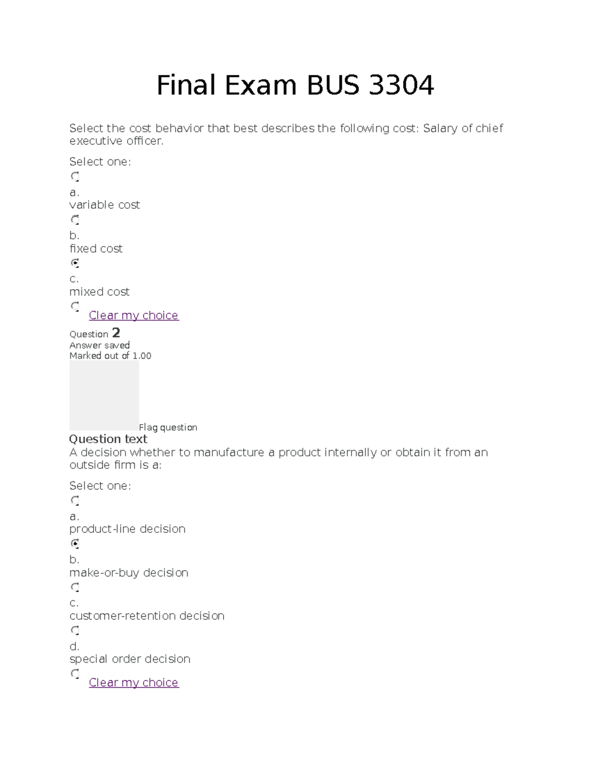 Final Exam BUS 3304 - Final Exam BUS 3304 Select The Cost Behavior That ...