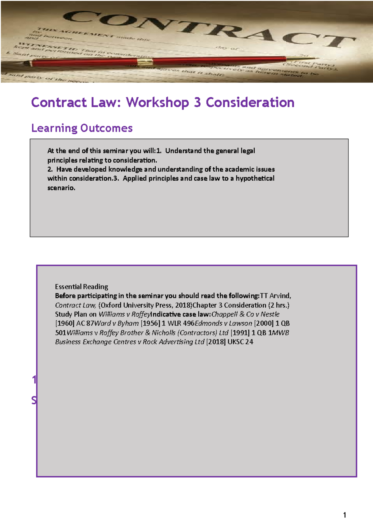 Workshop 3 Consideration - Contract Law: Workshop 3 Consideration ...