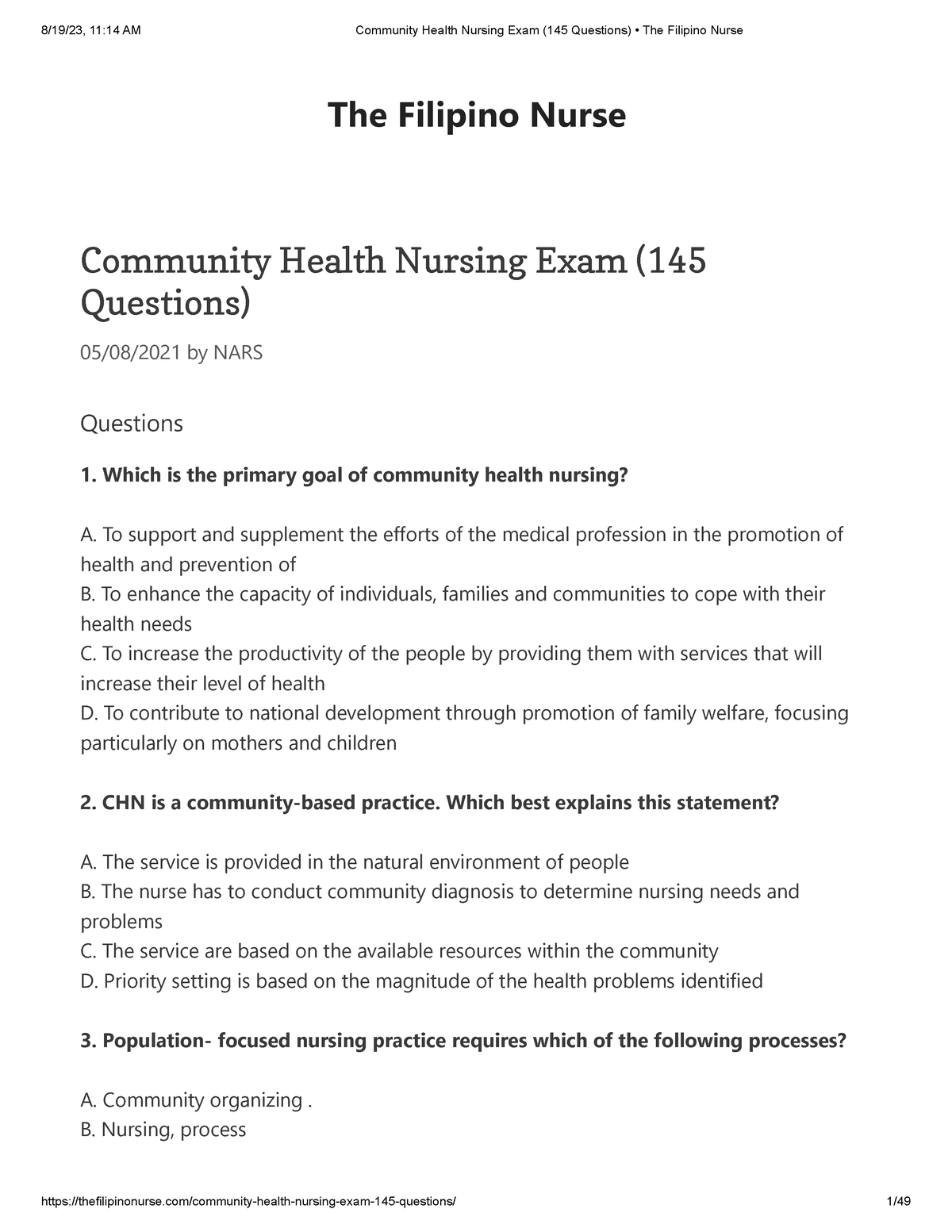 Community Health Nursing Exam (145 Questions) • The Filipino Nurse ...