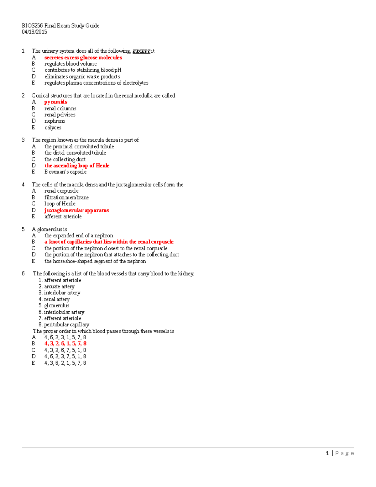 BIOS256 Final Exam Study Guide Mar 2015 KEY 1 - BIOS256 Final Exam ...