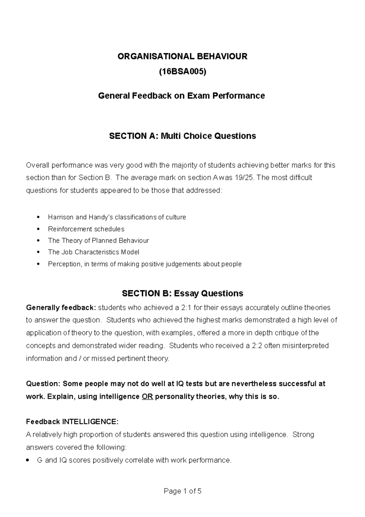 Exam 2016, Answers - ORGANISATIONAL BEHAVIOUR (16BSA005) General ...