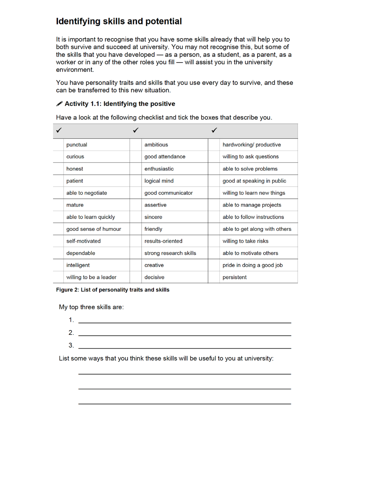 Week 1 Activity 1 2 Skills and Potential Checklist Activity - Week 1 ...