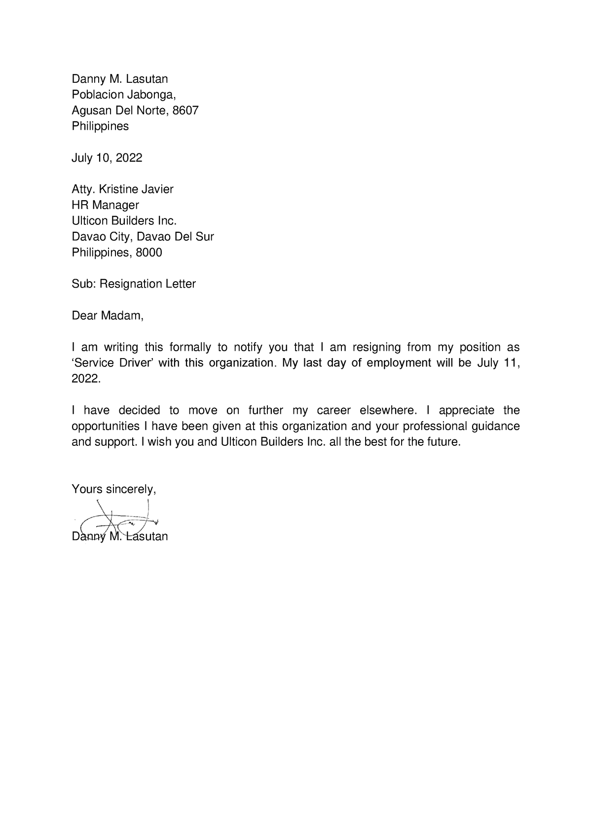 Resignation Letter - Danny M. Lasutan - . Danny M. Lasutan Poblacion ...