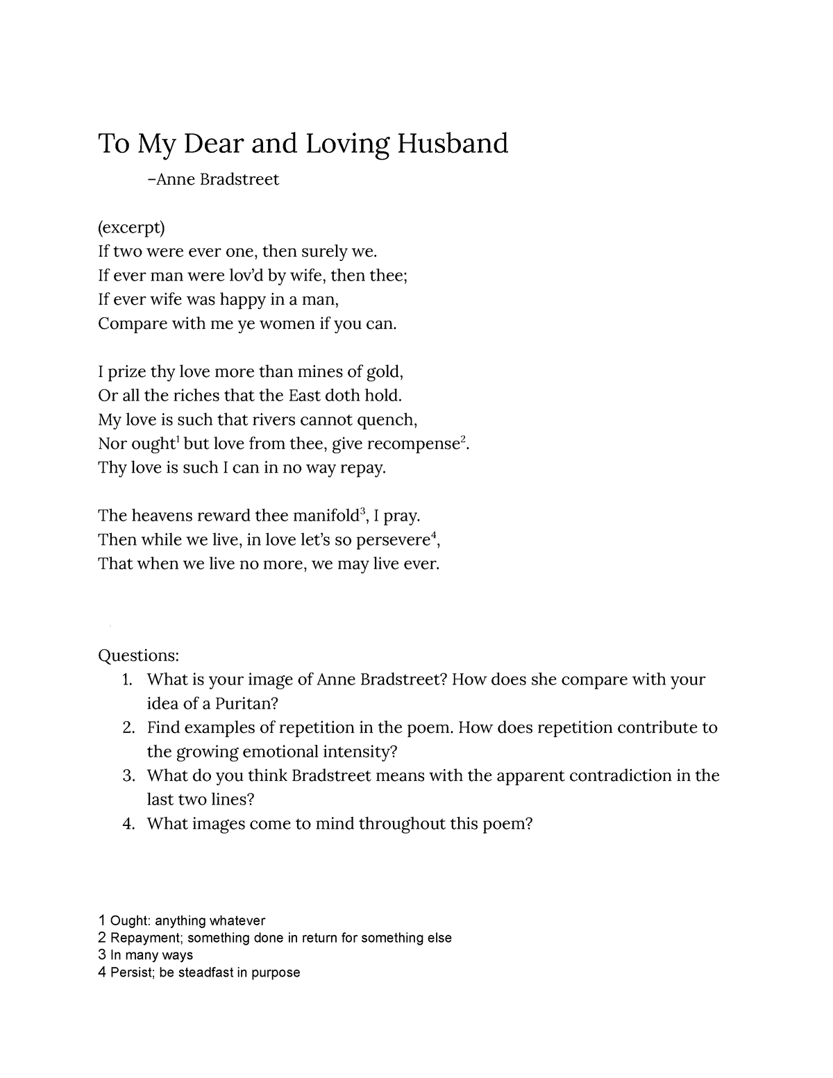 Anne Bradstreet - Dear and Loving Husband - To My Dear and Loving ...