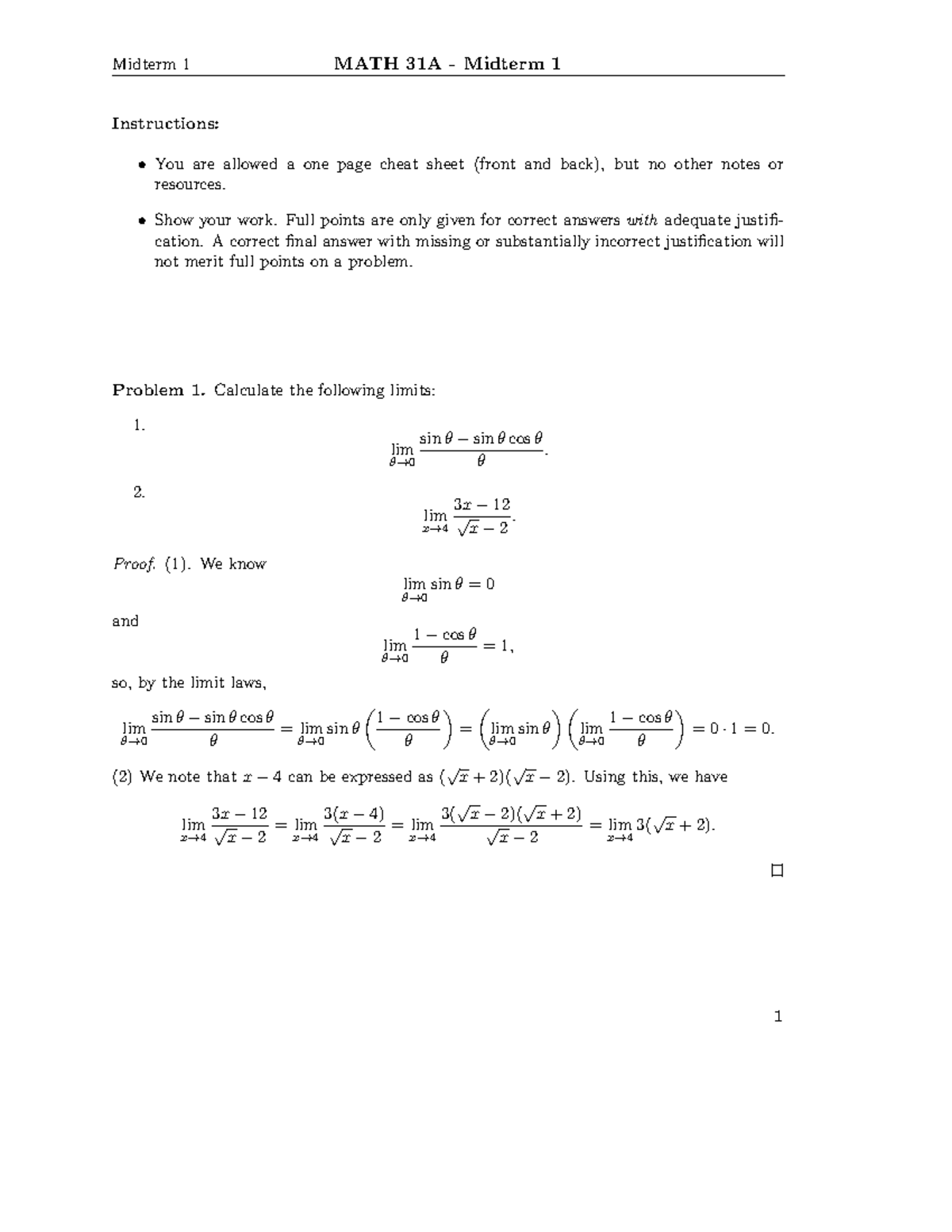 Midterm 1 Solutions - Instructions: You are allowed a one page cheat ...