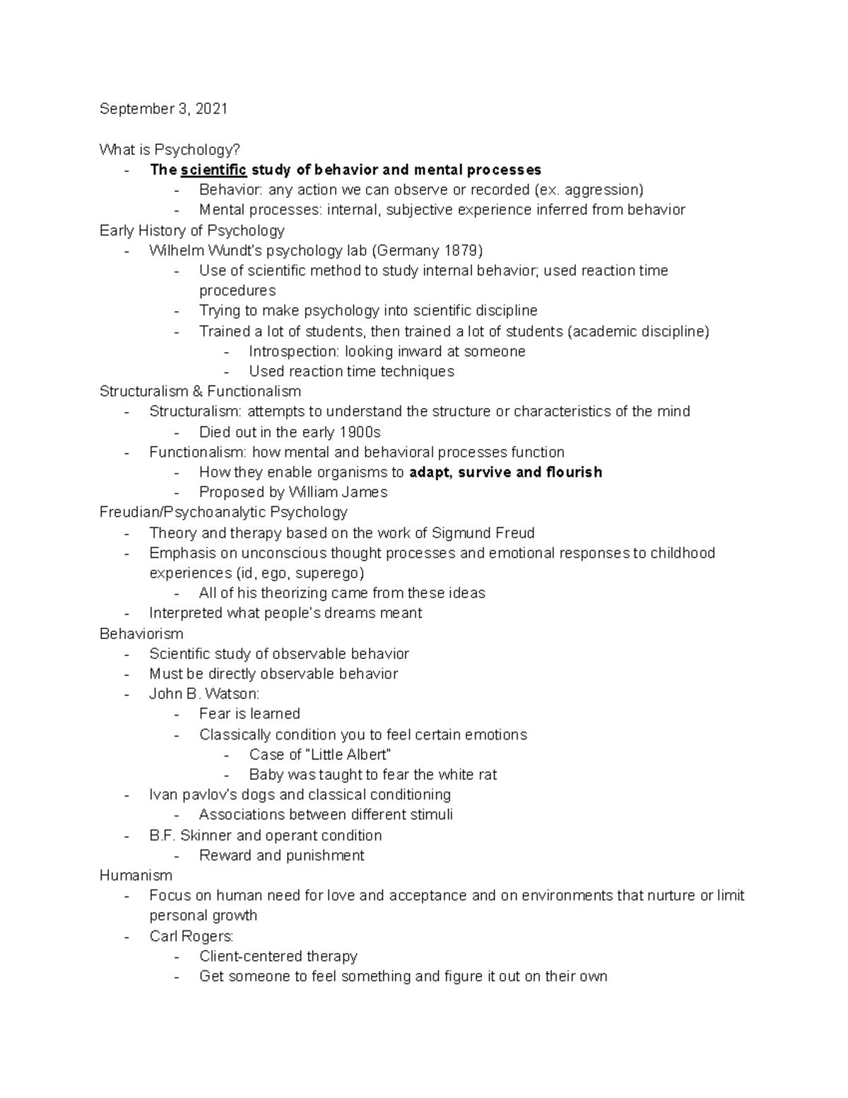 Chapter 1- Psychology Notes - September 3, 2021 What is Psychology ...