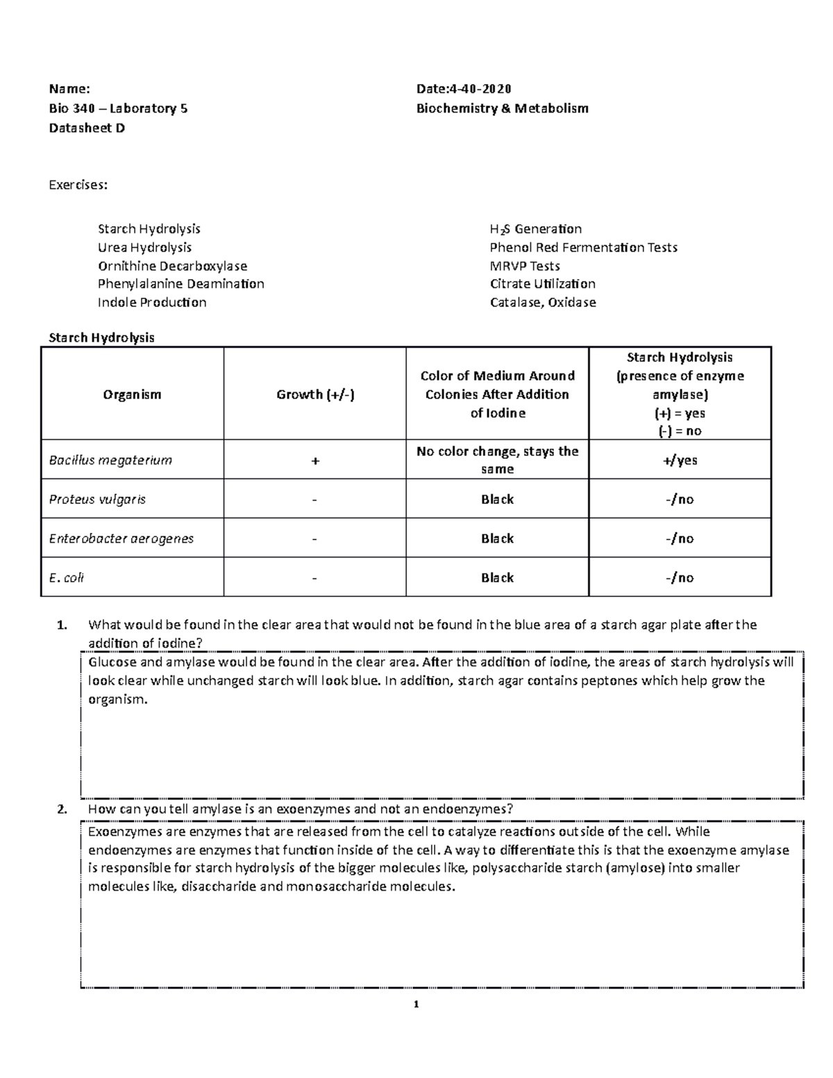 Lab 5 microbio. - Name: Date:4-40- Bio 340 – Laboratory 5 Biochemistry ...