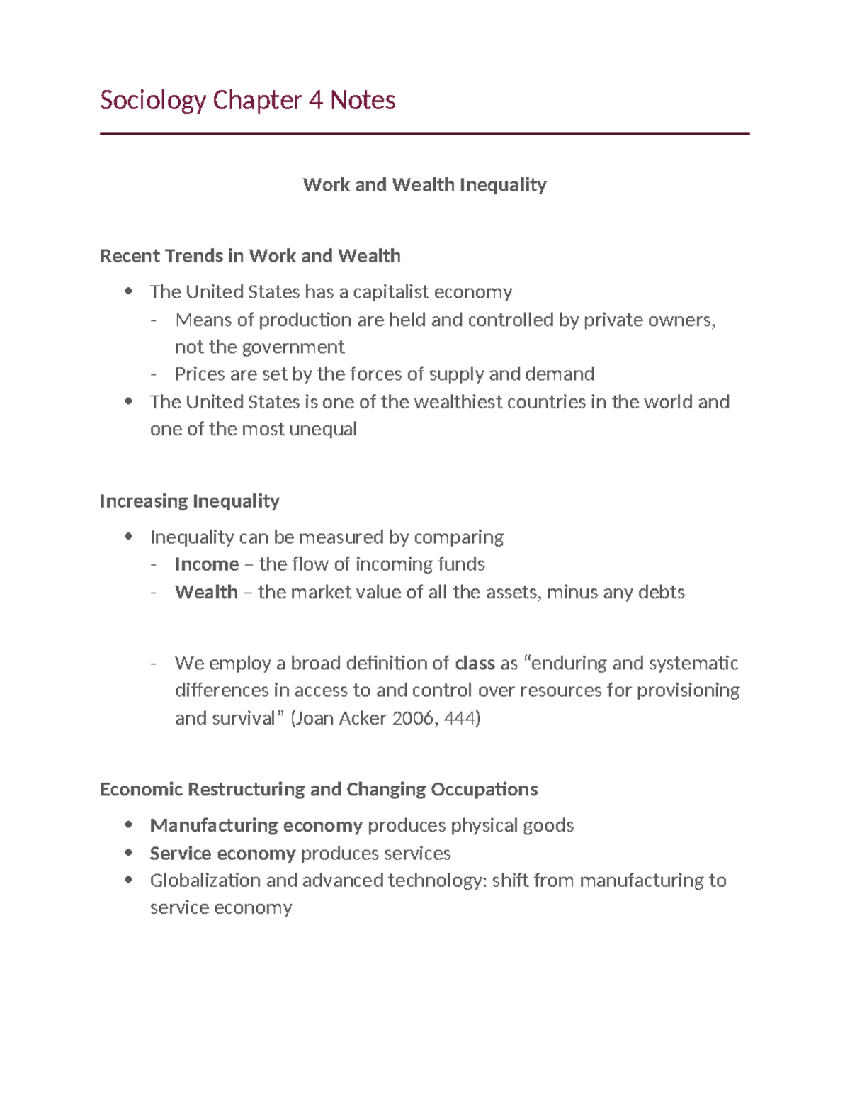 Sociology Chapter 4 Notes - Sociology Chapter 4 Notes Work and Wealth ...