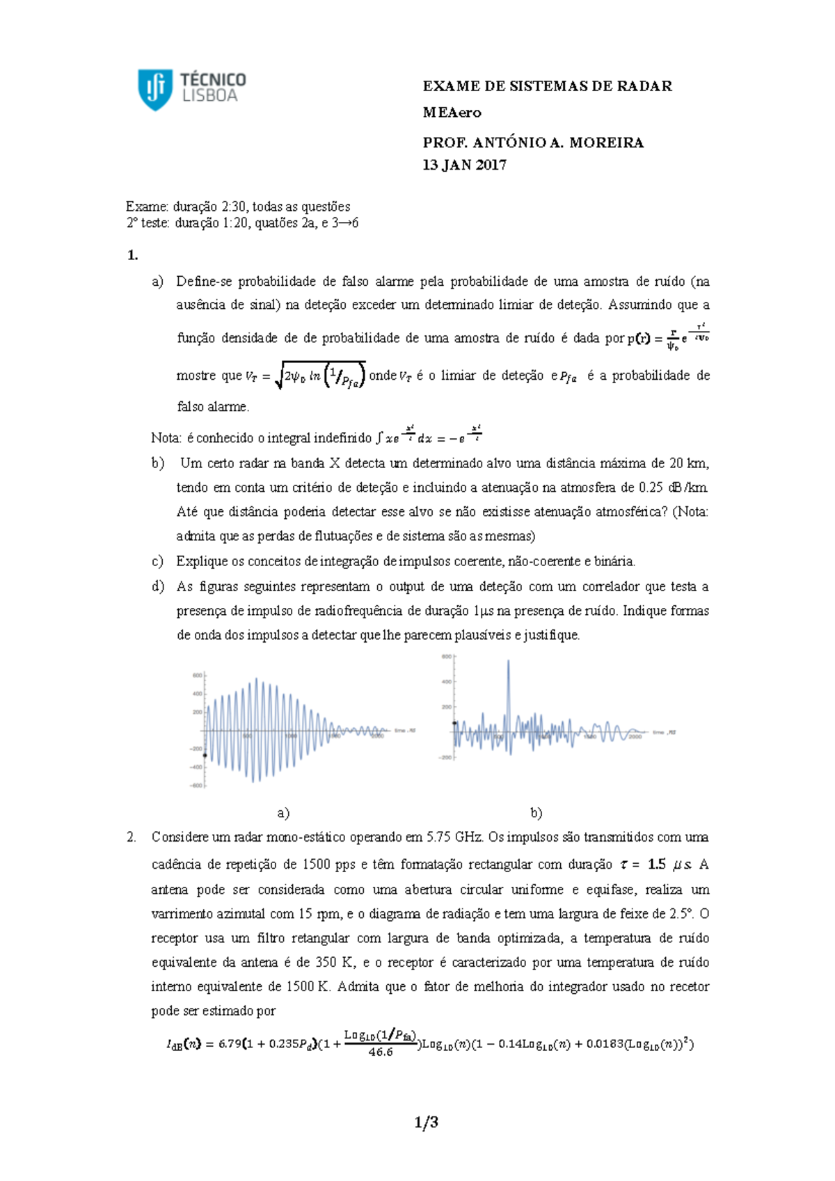 Srad 16 17 1º Exame Com Resolução Exame De Sistemas De Radar Meaero Prof AntÓnio A Moreira 5860